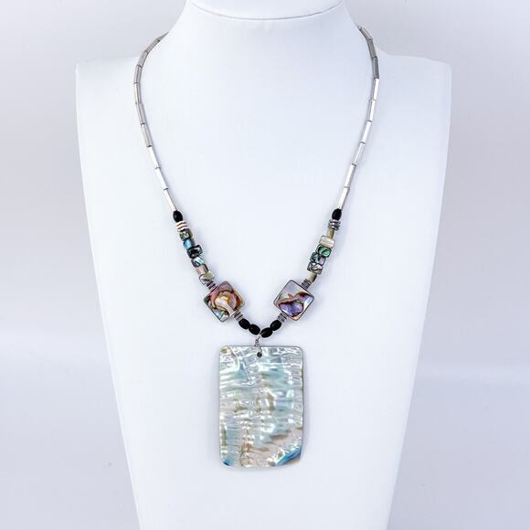 Vintage Sterling Silver 925 Abalone Ebony Pendant Necklace 16.5" - Picture 3 of 7